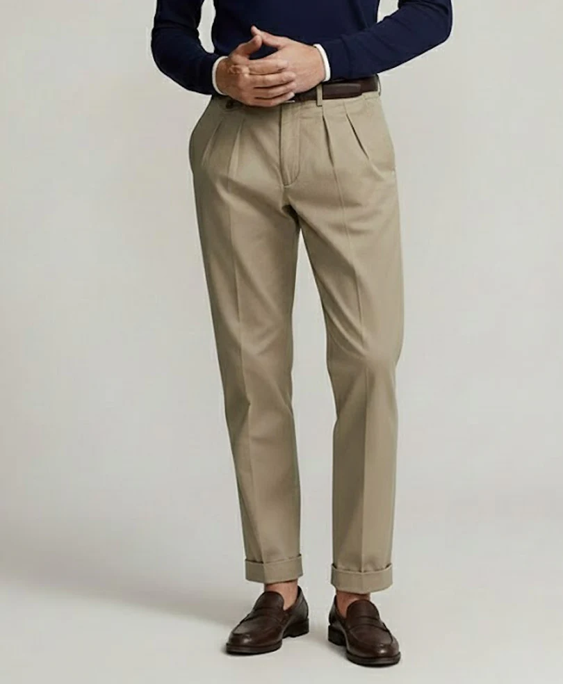 Beige Double Pleated Twill Pants - Image 3