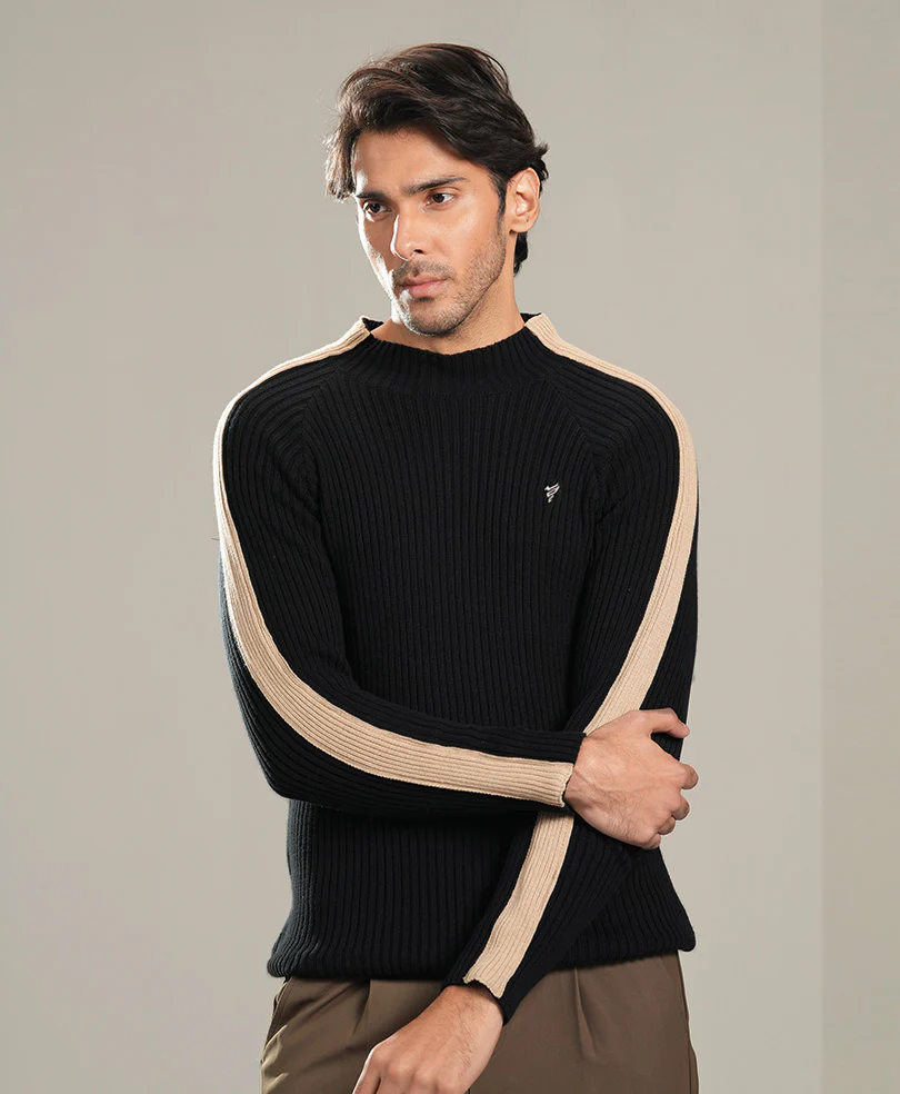 Black & Beige Turtle Neck Sweater - Image 3