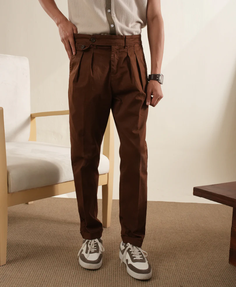 Brown Double Pleated Twill Pants - Image 5