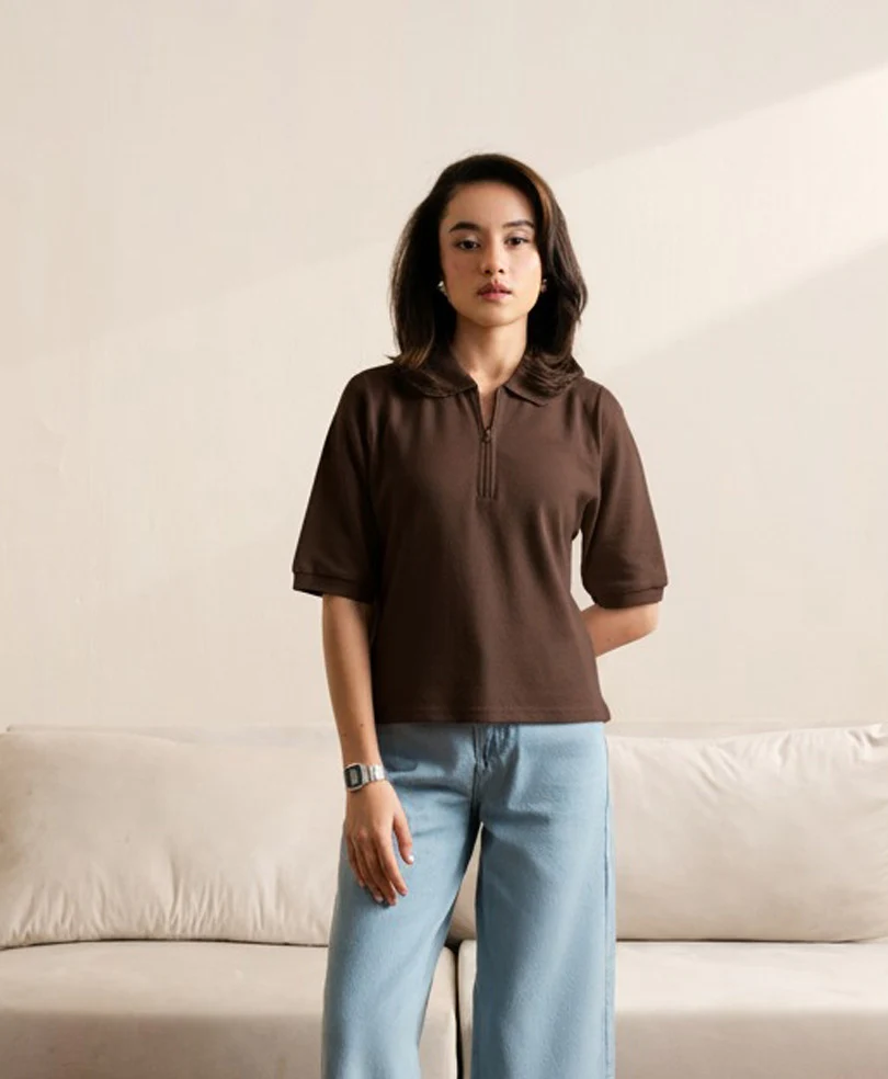 Chocolate Brown Knitted Zip POLO (Women) - Image 3