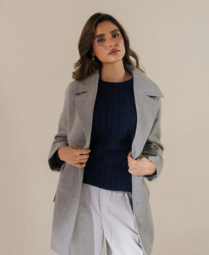 Herringbone Grey Long Coat (Women) - Image 3
