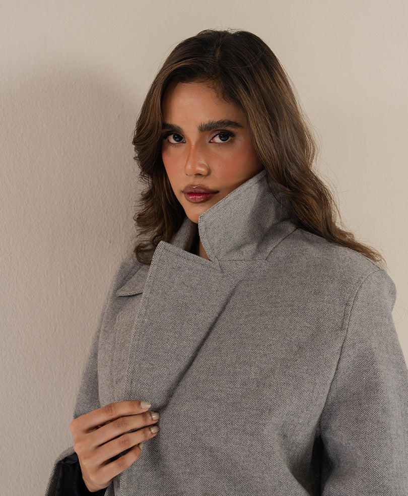 Herringbone Grey Long Coat (Women) - Image 9