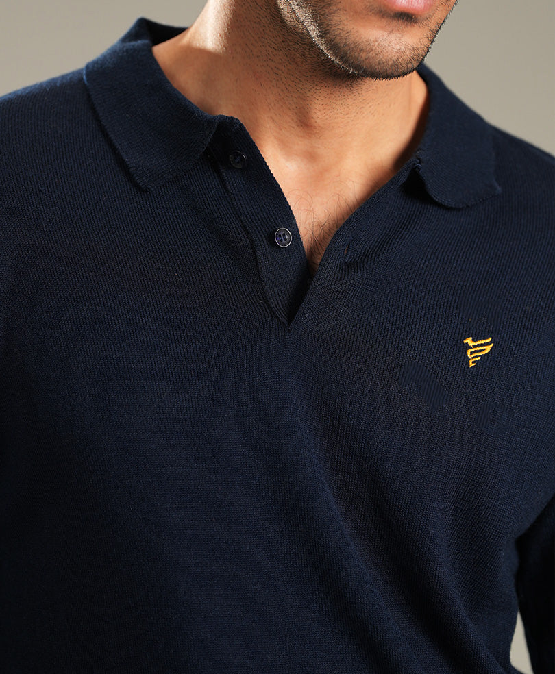Navy Full Sleeves Knitted POLO - Image 3