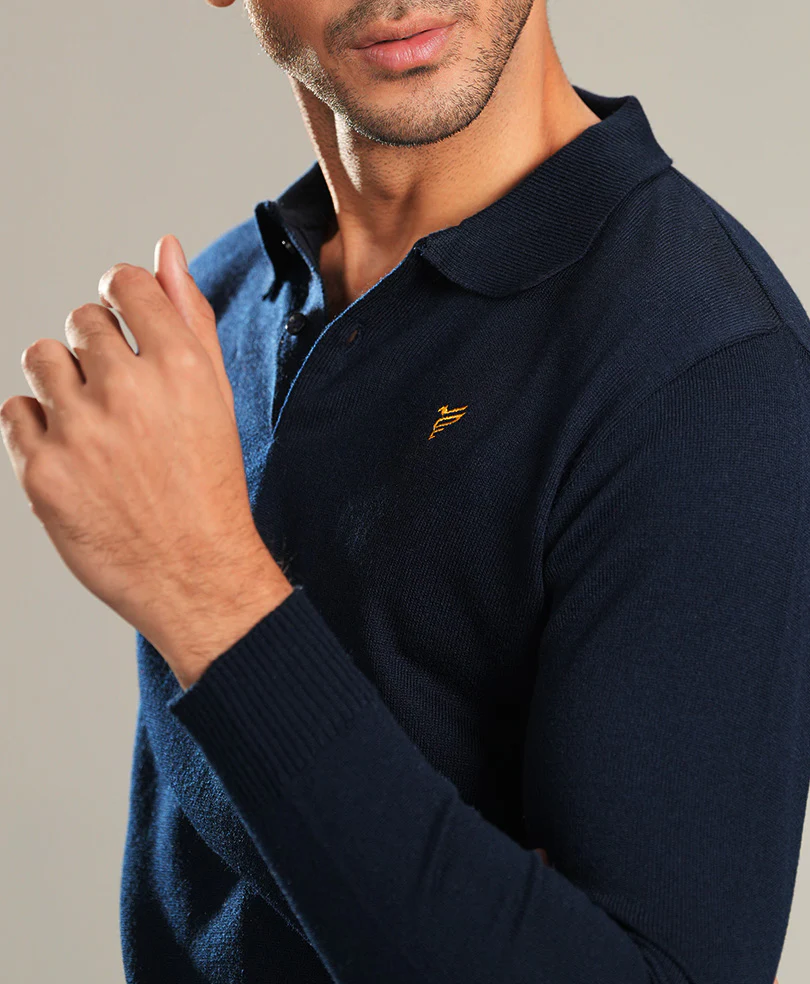 Navy Full Sleeves Knitted POLO - Image 5