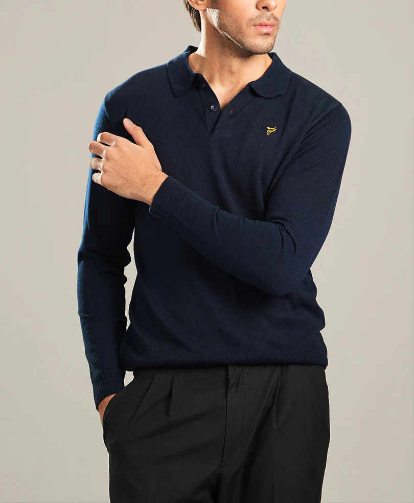 Navy Full Sleeves Knitted POLO - Image 6
