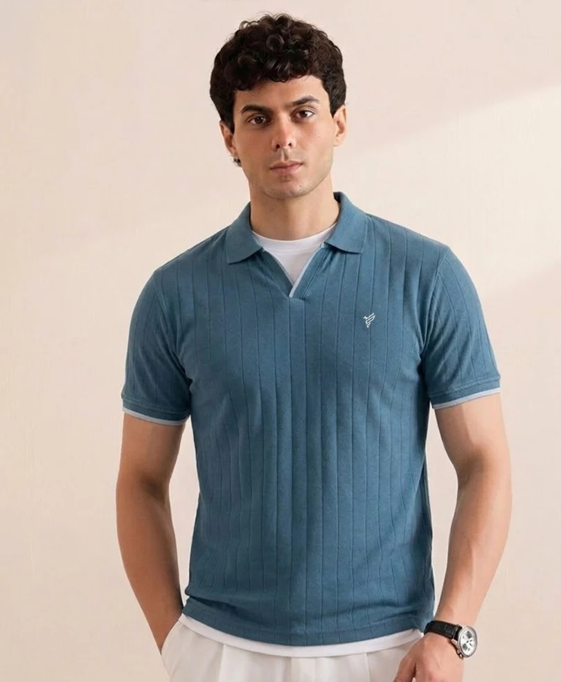Teal Green V-Neck Drop Needle POLO - Image 2