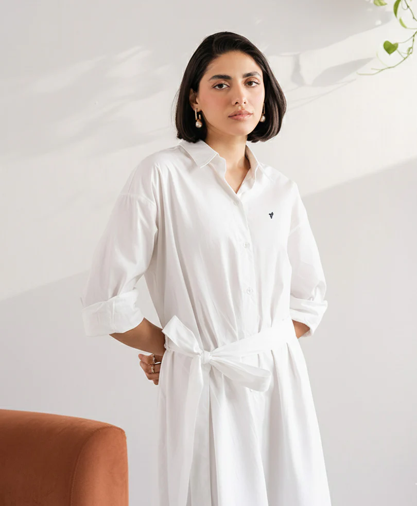 White Belted Oxford Shirt Dress (Women) - Image 3