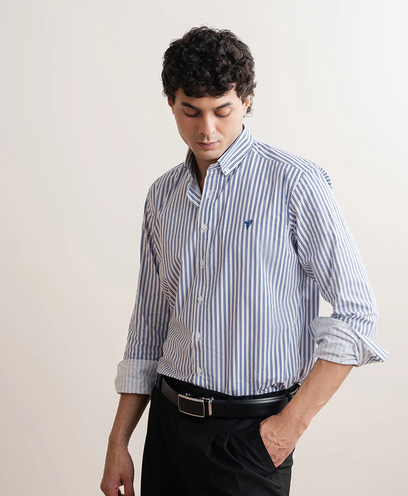 White & Navy Vertical Stripe Shirt (Slim Fit) - Image 3