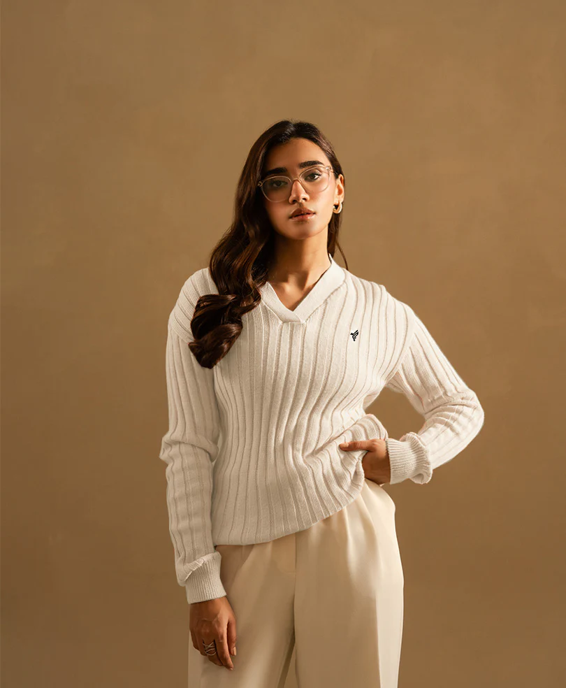 White V-Neck Sweater (Women) - Image 2